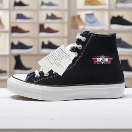 1pc Top Gun Maverick Print High-Top Sneakers - Breathable, Non-Slip, Durable Korean Version Casual Shoes with White Rubber Sole, Black & White Design, Lace-Up Closure, Round Toe, All-Season Comfort, Unisex for Men & Women, Everyday Footwear, Modern Sneakers, Fabric Upper