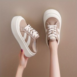 Beige Canvas Sneakers with White Laces - Round Toe, Rubber Sole, All-Season Comfort Shoes for Casual Attire, Casual Footwear | Round Toe Sneakers | Rubber Sole Shoes