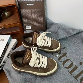 Women'S Fleece-Lined Warm Flat Skate Shoes, Lace-Up Snow Sports Shoes, Retro Minimalist Design, Low-Top Round Toe, Comfortable And Warm, Suitable for Daily Casual Wear in Autumn And Winter, Outdoor Hiking.