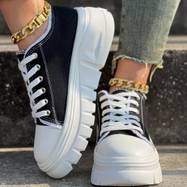 Round-Toed Thick-Soled Platform Shoes Paired with Lace-Up Solid Color Casual Sneakers