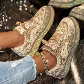 Women'S Glittery Rhinestone-Embellished Chunky Platform Sneakers - Black & White Low-Top Lace-Up Shoes with Round Toe, All-Season Comfort for Casual & Outdoor Wear, Ladies Sneakers, Shoe/sneaker For Women/lady, Basket For Women