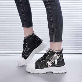 [Distressed High-Top Sneakers] Distressed High-Top Sneakers for Women | Fashion Casual Style, Thick Sole, Lace-Up Closure, All-Season Wear - Blue Jean Styl