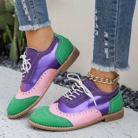 Women's Large Size Brogue Lace-Up Shoes - Vibrant Purple/Pink/Green/Black/Golden/Blue/Pinkish-Purple/Greenish-Purple, Round Toe Low-Top Ankle Boots with PU/PVC Sole, All-Season Casual & Formal Dress Shoes for Everyday & Special Occasions, Comfortable & Durable with EVA/Rubber Insole, PVC Lining, and Stylish Brogue Detailing for a Chic Look, Extra Wide Width Shoes for Women, Womens Casual Sneakers, Wide Fit Shoes for Women Plus Size, Coloured Sneakers for Women,