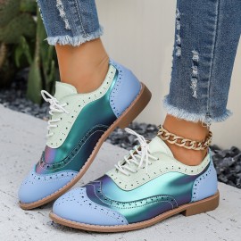 Women's Large Size Brogue Lace-Up Shoes - Vibrant Purple/Pink/Green/Black/Golden/Blue/Pinkish-Purple/Greenish-Purple, Round Toe Low-Top Ankle Boots with PU/PVC Sole, All-Season Casual & Formal Dress Shoes for Everyday & Special Occasions, Comfortable & Durable with EVA/Rubber Insole, PVC Lining, and Stylish Brogue Detailing for a Chic Look, Extra Wide Width Shoes for Women, Womens Casual Sneakers, Wide Fit Shoes for Women Plus Size, Coloured Sneakers for Women,