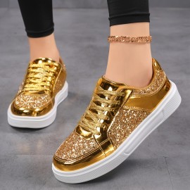 Women'S Glitter Golden Low-Top Sneakers - Lace-Up Casual Shoes with Sequin Detailing, PU Upper & EVA Sole, All-Season Comfort for Running, Travel & Daily Wear, Ladies Sneakers, Stylish Laceups, Durable Comfort