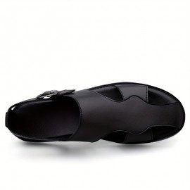 Men's Solid Color Close Toe Sandals, Comfy Non Slip Split Cow Leather Upper Rubber Sole Walking Shoes, Men's Summer Footwear