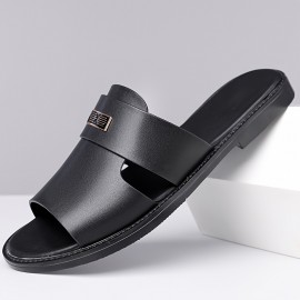 LL25222 Men's Stylish Black Slip-On Sandals - Super Fiber Synthetic, Round Toe, Rubber Sole, Summer Casual Comfort for Casual Attire