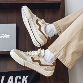 Men's Skate Shoes - Low-Top Sneakers Beige/White colorway, PU/Fabric Upper & Cushioned EVA Sole for Skateboarding, Streetwear, Everyday - Lace-Up Closure, All-Season Casual Shoes for Men, Roller Skate Shoes, Streetwear Footwear, Modern Roundtoe, Fabric Interior Lining