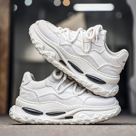 Four Seasons New Men's Low-Top Thick Sole Minimalist Fashionable Versatile Breathable Mesh Casual Sneakers, Outdoor Walking, Style, Sleek Style, Fashionable Shoes, Durable Material, Comfortable Fit, Round Toe, Laceup Sneakers, College Students, Urban Style