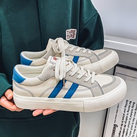 Men'S Summer Low-Top Casual Sneakers - White & Navy Blue Striped Design, Breathable Fabric Lining, Durable Faux Sole, Lace-Up Round Toe for Casual Attire, Streetwear Shoes | Stylish Stripes | Comfortable Fit