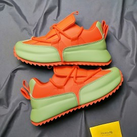 Men's Plus Size Breathable Mesh Sneakers - Lime Green & Orange Accents, Low-Top Lace-Up Casual Streetwear Shoes with Durable PVC Sole for All-Season Outdoor & Daily Wear, Fabric Interior Lining