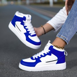 Unisex Mid-Top Sneakers - White & Blue accent, Lace-Up Closure, Cushioned MD Sole - All-Season Casual, Gym, Streetwear Shoes - Breathable Fabric Upper - for Men & Women - Everyday & Formal Events, Gym Footwear, Fashion Sporty Look, Comfortable Fit