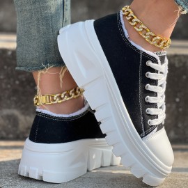 Round-Toed Thick-Soled Platform Shoes Paired with Lace-Up Solid Color Casual Sneakers