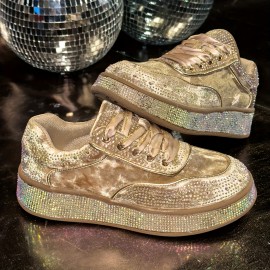 Women'S Glittery Rhinestone-Embellished Chunky Platform Sneakers - Black & White Low-Top Lace-Up Shoes with Round Toe, All-Season Comfort for Casual & Outdoor Wear, Ladies Sneakers, Shoe/sneaker For Women/lady, Basket For Women