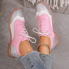 Women's Large Size Brogue Lace-Up Shoes - Vibrant Purple/Pink/Green/Black/Golden/Blue/Pinkish-Purple/Greenish-Purple, Round Toe Low-Top Ankle Boots with PU/PVC Sole, All-Season Casual & Formal Dress Shoes for Everyday & Special Occasions, Comfortable & Durable with EVA/Rubber Insole, PVC Lining, and Stylish Brogue Detailing for a Chic Look, Extra Wide Width Shoes for Women, Womens Casual Sneakers, Wide Fit Shoes for Women Plus Size, Coloured Sneakers for Women,