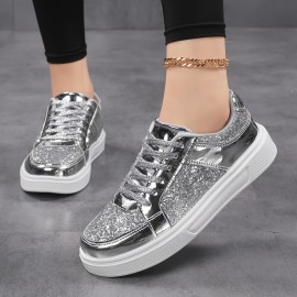 Women'S Glitter Golden Low-Top Sneakers - Lace-Up Casual Shoes with Sequin Detailing, PU Upper & EVA Sole, All-Season Comfort for Running, Travel & Daily Wear, Ladies Sneakers, Stylish Laceups, Durable Comfort
