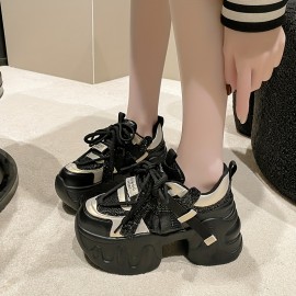 Light Purple Thick-Soled Sneakers with Glitter, Lace-Up Design, Fresh Sweet Style, Fashionable Versatile Casual Women's Shoes