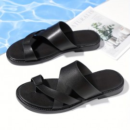 [Summer Sandals] Lightweight & Comfortable Men's Casual Summer Sandals - Black Synthetic Slip-On Flat Shoes with Cross Straps