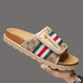 Men'S Comfortable Casual Beach Slippers, Breathable Striped Print with Brand Decorative Buttons and Embroidery, Flat Shoes High-Quality Casual Footwear, Suitable for Use in 11 Festivals