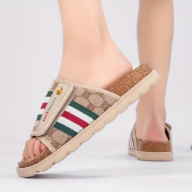 Men'S Comfortable Casual Beach Slippers, Breathable Striped Print with Brand Decorative Buttons and Embroidery, Flat Shoes High-Quality Casual Footwear, Suitable for Use in 11 Festivals