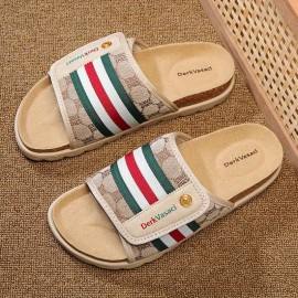 Men'S Comfortable Casual Beach Slippers, Breathable Striped Print with Brand Decorative Buttons and Embroidery, Flat Shoes High-Quality Casual Footwear, Suitable for Use in 11 Festivals